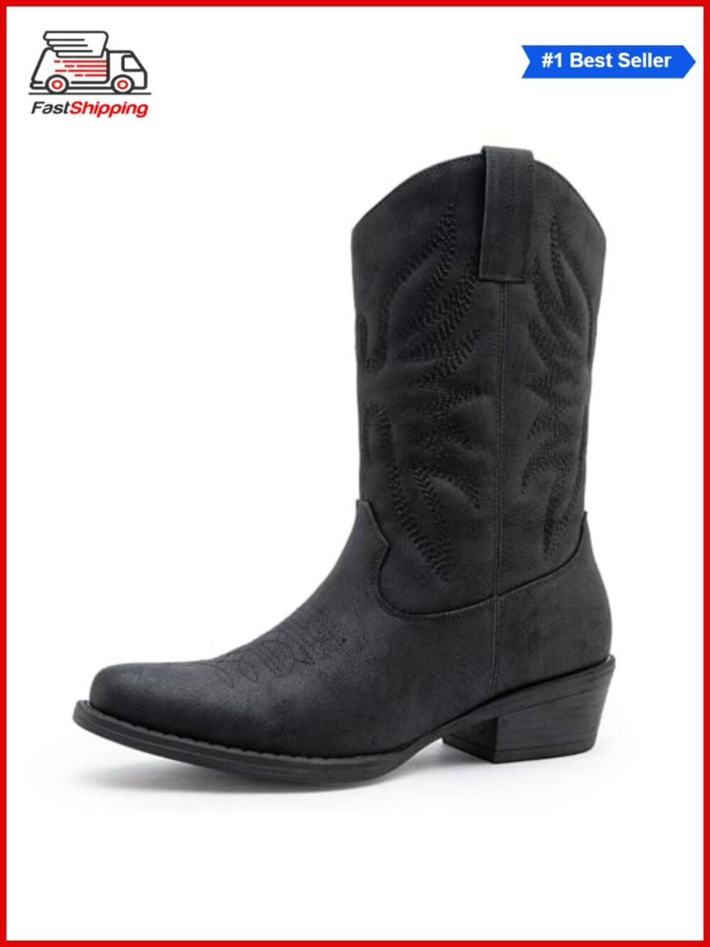 โจ Cowboy Boots Mid-Calf Western Embroidery Square Toe Vegan Womens